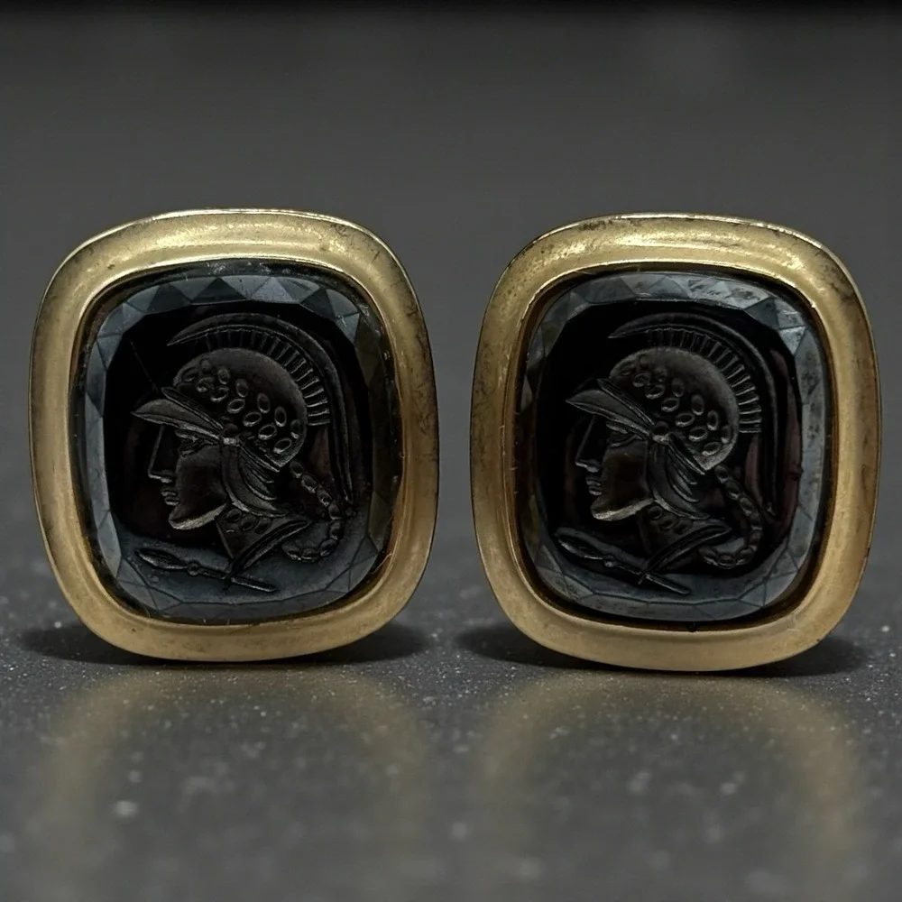 Roman or Greek Soldier‎ Cufflinks Vintage Gold Tone Frame MCM Black Design Retro